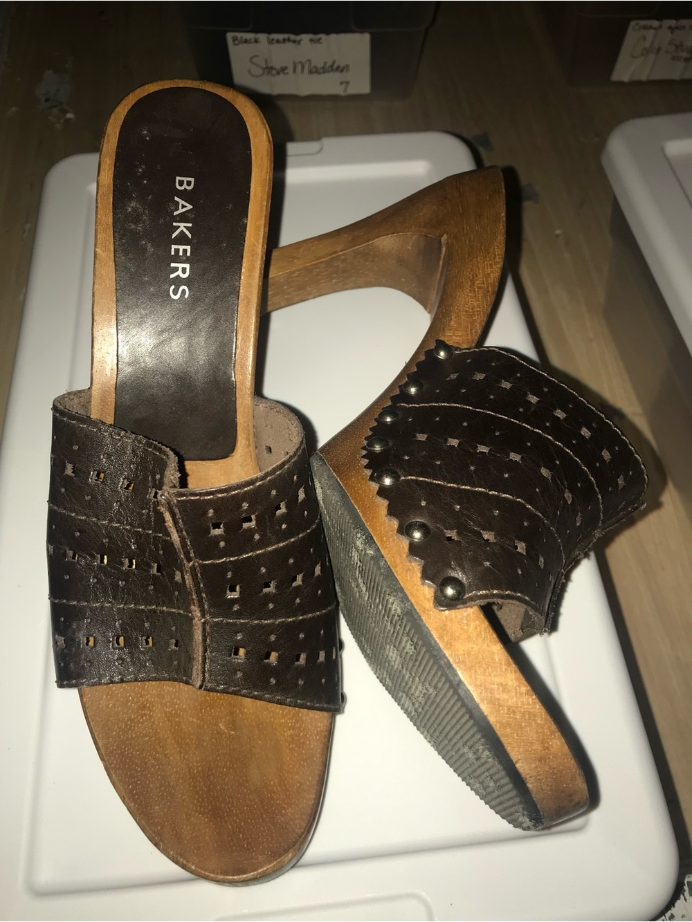 Vintage Bakers Dark Brown Perforated Leather Slide Heels